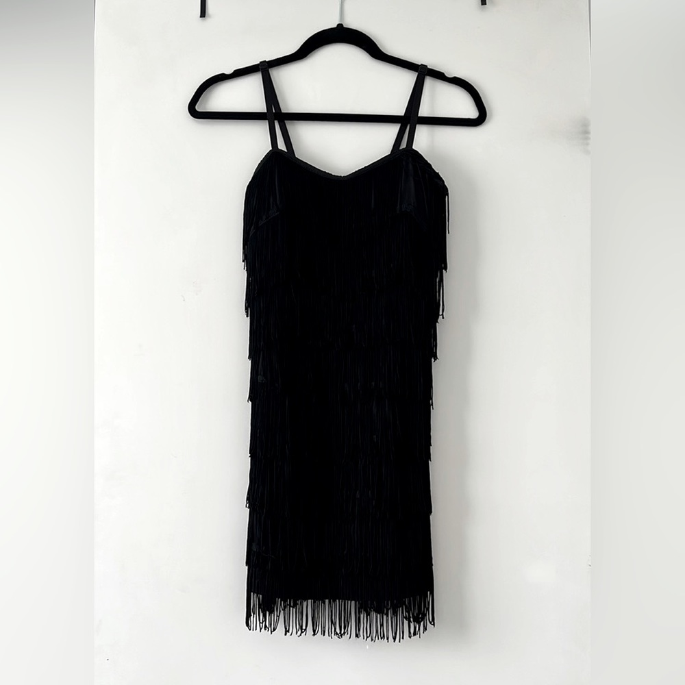 Fringe black mini dress small
